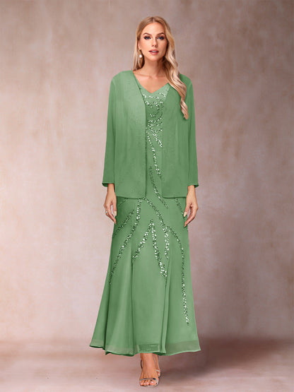 Robe de Soirée Fourreau/Colonne à Col En V et Longueur Cheville avec Veste et Paillettes
