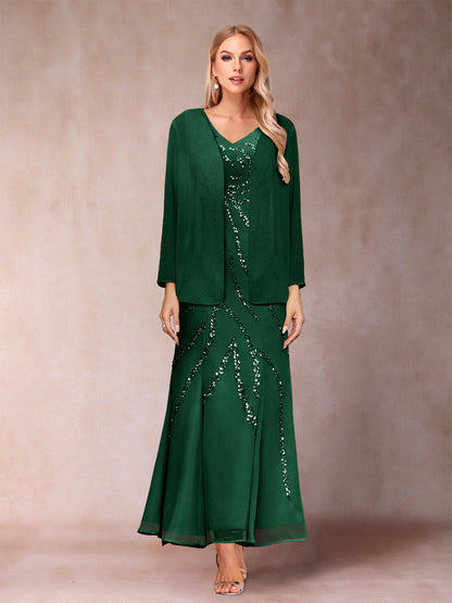 Robe de Soirée Fourreau/Colonne à Col En V et Longueur Cheville avec Veste et Paillettes