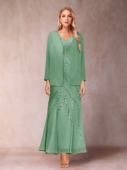 Robe de Soirée Fourreau/Colonne à Col En V et Longueur Cheville avec Veste et Paillettes