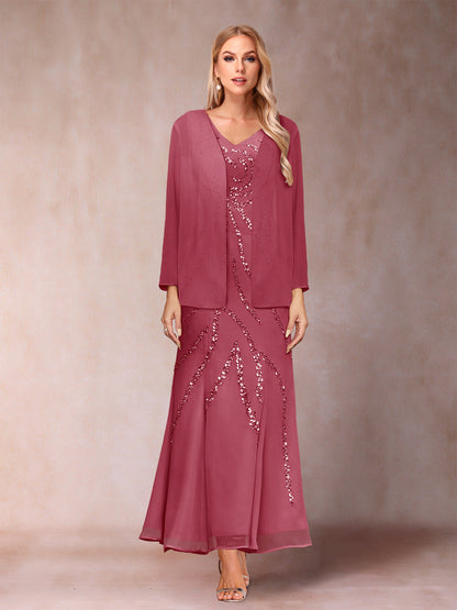 Robe de Soirée Fourreau/Colonne à Col En V et Longueur Cheville avec Veste et Paillettes