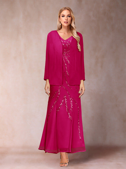 Robe de Soirée Fourreau/Colonne à Col En V et Longueur Cheville avec Veste et Paillettes