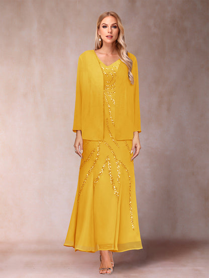 Robe de Soirée Fourreau/Colonne à Col En V et Longueur Cheville avec Veste et Paillettes
