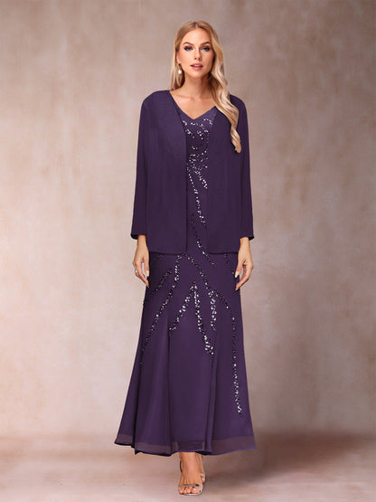 Robe de Soirée Fourreau/Colonne à Col En V et Longueur Cheville avec Veste et Paillettes