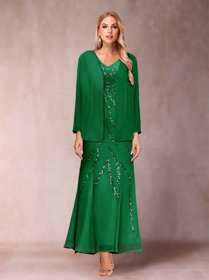 Robe de Soirée Fourreau/Colonne à Col En V et Longueur Cheville avec Veste et Paillettes