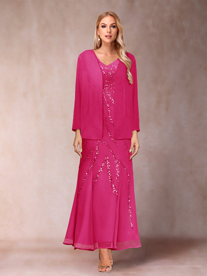 Robe de Soirée Fourreau/Colonne à Col En V et Longueur Cheville avec Veste et Paillettes