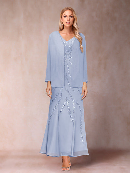 Robe de Soirée Fourreau/Colonne à Col En V et Longueur Cheville avec Veste et Paillettes