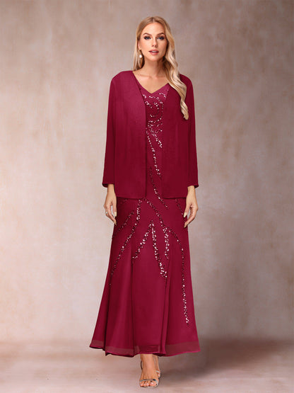 Robe de Soirée Fourreau/Colonne à Col En V et Longueur Cheville avec Veste et Paillettes