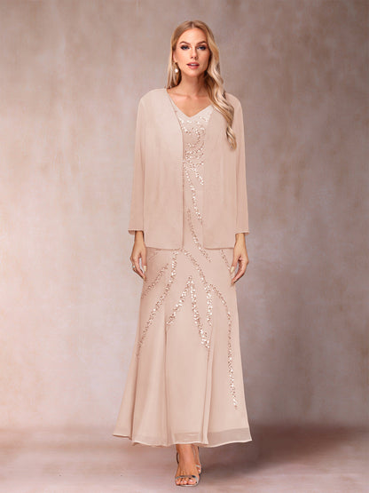 Robe de Soirée Fourreau/Colonne à Col En V et Longueur Cheville avec Veste et Paillettes