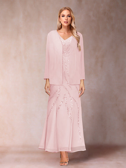 Robe de Soirée Fourreau/Colonne à Col En V et Longueur Cheville avec Veste et Paillettes
