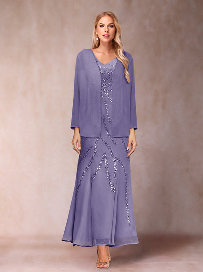 Robe de Soirée Fourreau/Colonne à Col En V et Longueur Cheville avec Veste et Paillettes