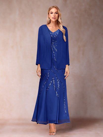 Robe de Soirée Fourreau/Colonne à Col En V et Longueur Cheville avec Veste et Paillettes