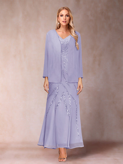 Robe de Soirée Fourreau/Colonne à Col En V et Longueur Cheville avec Veste et Paillettes