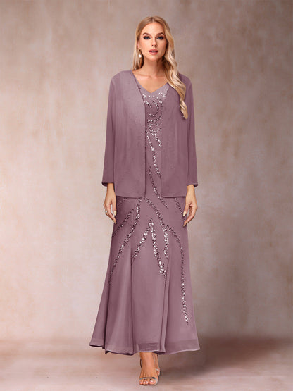Robe de Soirée Fourreau/Colonne à Col En V et Longueur Cheville avec Veste et Paillettes