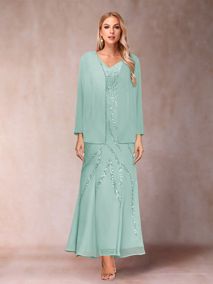 Robe de Soirée Fourreau/Colonne à Col En V et Longueur Cheville avec Veste et Paillettes