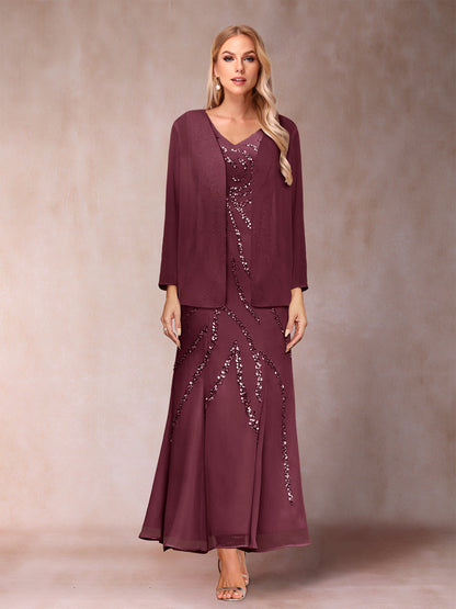 Robe de Soirée Fourreau/Colonne à Col En V et Longueur Cheville avec Veste et Paillettes