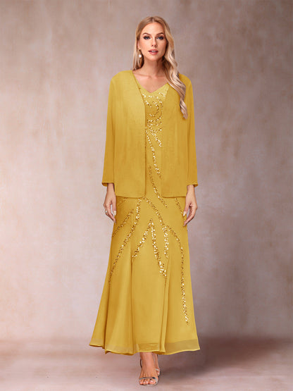 Robe de Soirée Fourreau/Colonne à Col En V et Longueur Cheville avec Veste et Paillettes
