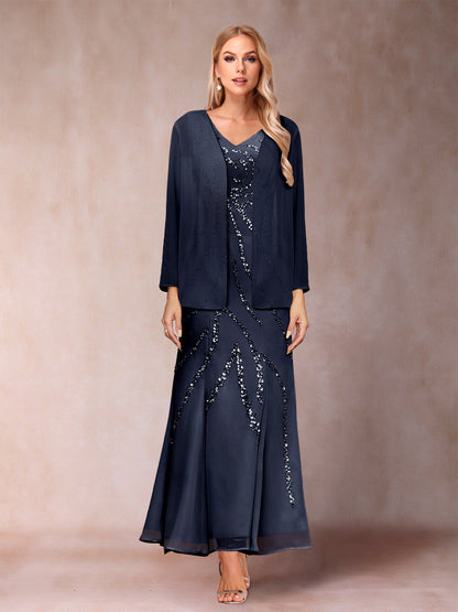 Robe de Soirée Fourreau/Colonne à Col En V et Longueur Cheville avec Veste et Paillettes