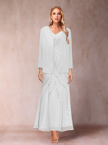 Robe de Soirée Fourreau/Colonne à Col En V et Longueur Cheville avec Veste et Paillettes