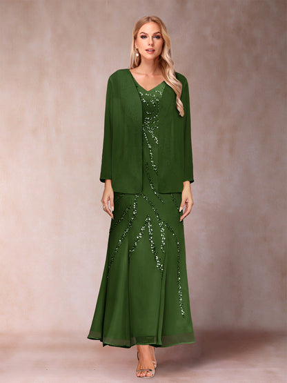 Robe de Soirée Fourreau/Colonne à Col En V et Longueur Cheville avec Veste et Paillettes
