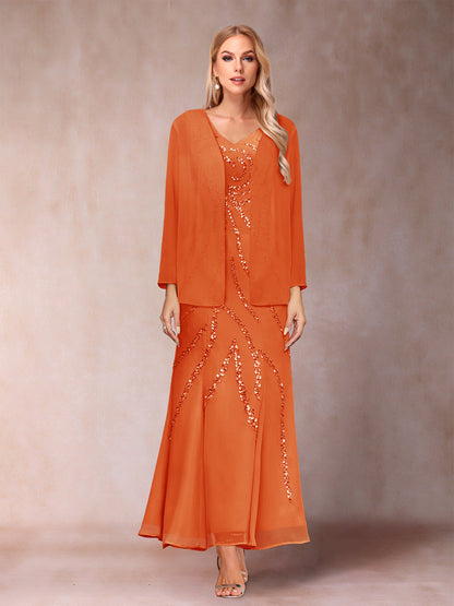 Robe de Soirée Fourreau/Colonne à Col En V et Longueur Cheville avec Veste et Paillettes