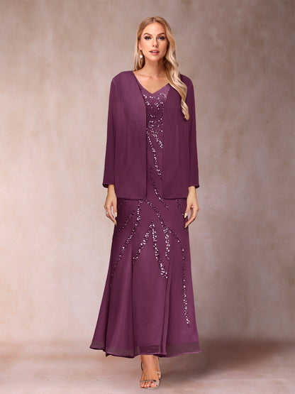 Robe de Soirée Fourreau/Colonne à Col En V et Longueur Cheville avec Veste et Paillettes