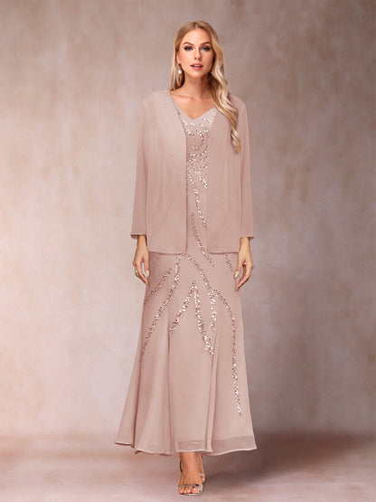 Robe de Soirée Fourreau/Colonne à Col En V et Longueur Cheville avec Veste et Paillettes