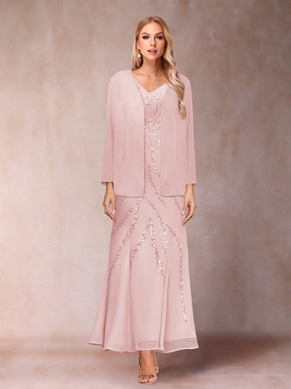 Robe de Soirée Fourreau/Colonne à Col En V et Longueur Cheville avec Veste et Paillettes