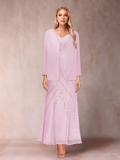 Robe de Soirée Fourreau/Colonne à Col En V et Longueur Cheville avec Veste et Paillettes