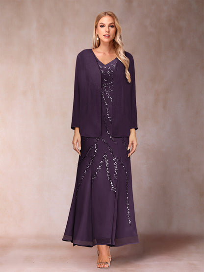 Robe de Soirée Fourreau/Colonne à Col En V et Longueur Cheville avec Veste et Paillettes