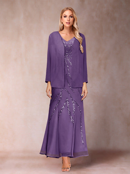 Robe de Soirée Fourreau/Colonne à Col En V et Longueur Cheville avec Veste et Paillettes