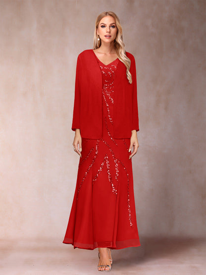Robe de Soirée Fourreau/Colonne à Col En V et Longueur Cheville avec Veste et Paillettes