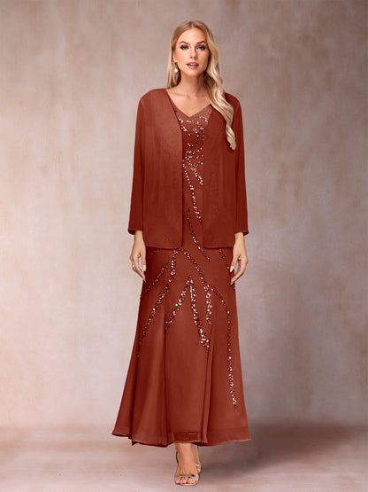 Robe de Soirée Fourreau/Colonne à Col En V et Longueur Cheville avec Veste et Paillettes