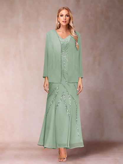 Robe de Soirée Fourreau/Colonne à Col En V et Longueur Cheville avec Veste et Paillettes