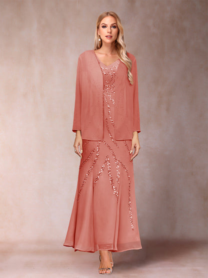 Robe de Soirée Fourreau/Colonne à Col En V et Longueur Cheville avec Veste et Paillettes