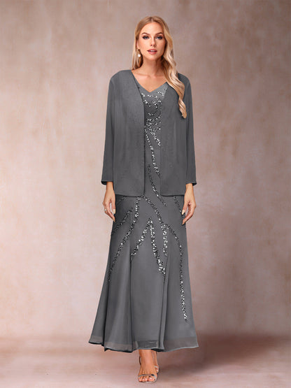 Robe de Soirée Fourreau/Colonne à Col En V et Longueur Cheville avec Veste et Paillettes