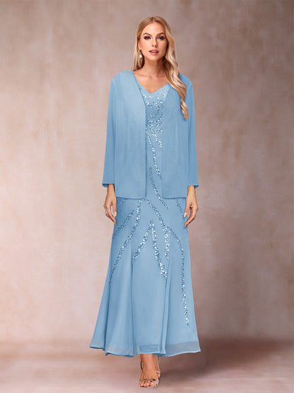 Robe de Soirée Fourreau/Colonne à Col En V et Longueur Cheville avec Veste et Paillettes