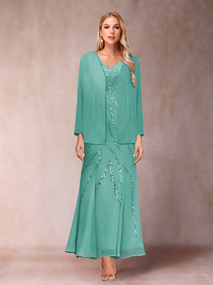 Robe de Soirée Fourreau/Colonne à Col En V et Longueur Cheville avec Veste et Paillettes