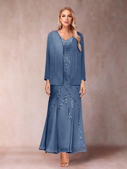 Robe de Soirée Fourreau/Colonne à Col En V et Longueur Cheville avec Veste et Paillettes