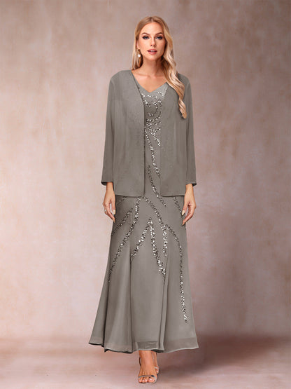 Robe de Soirée Fourreau/Colonne à Col En V et Longueur Cheville avec Veste et Paillettes