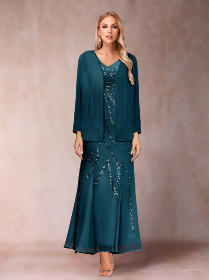 Robe de Soirée Fourreau/Colonne à Col En V et Longueur Cheville avec Veste et Paillettes