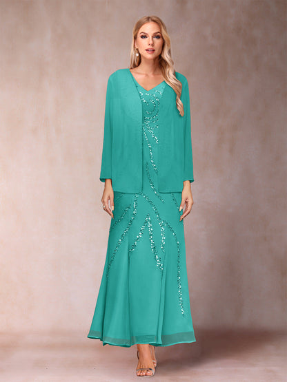Robe de Soirée Fourreau/Colonne à Col En V et Longueur Cheville avec Veste et Paillettes