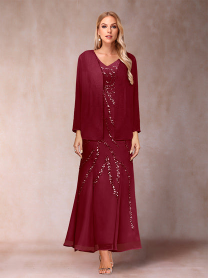 Robe de Soirée Fourreau/Colonne à Col En V et Longueur Cheville avec Veste et Paillettes