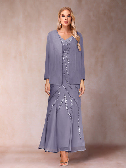 Robe de Soirée Fourreau/Colonne à Col En V et Longueur Cheville avec Veste et Paillettes