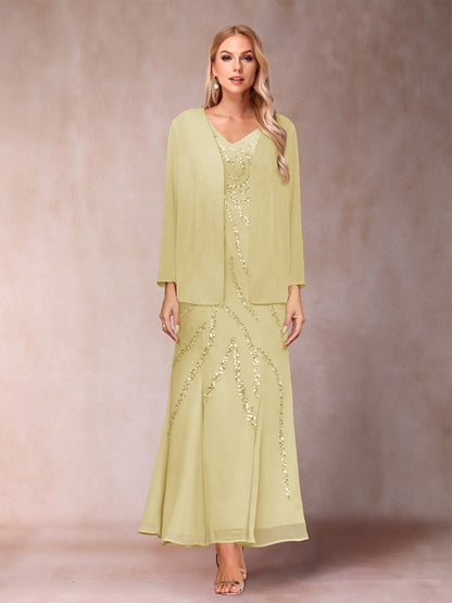 Robe de Soirée Fourreau/Colonne à Col En V et Longueur Cheville avec Veste et Paillettes