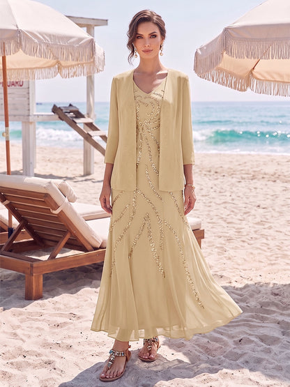 Gaine/Colonne Col en V Manches Courtes Longueur Cheville Robes Mère de la Mariée Robes avec Veste & Paillettes