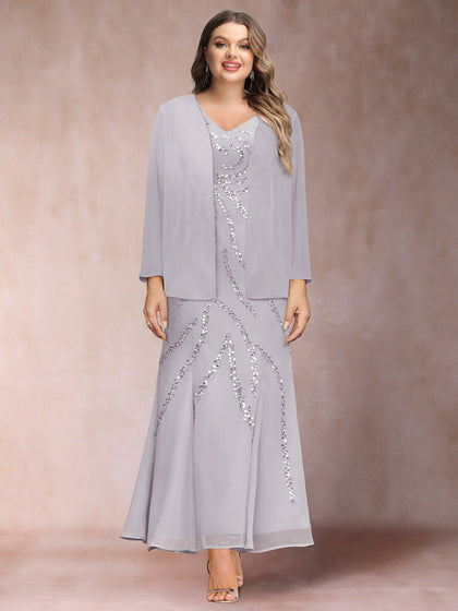 Robe de Soirée Grande Taille, Coupe Fourreau/Colonne, Col en V, Longueur Cheville avec Veste et Paillettes