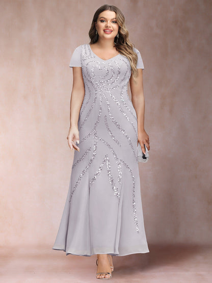 Robe de Soirée Grande Taille, Coupe Fourreau/Colonne, Col en V, Longueur Cheville avec Veste et Paillettes