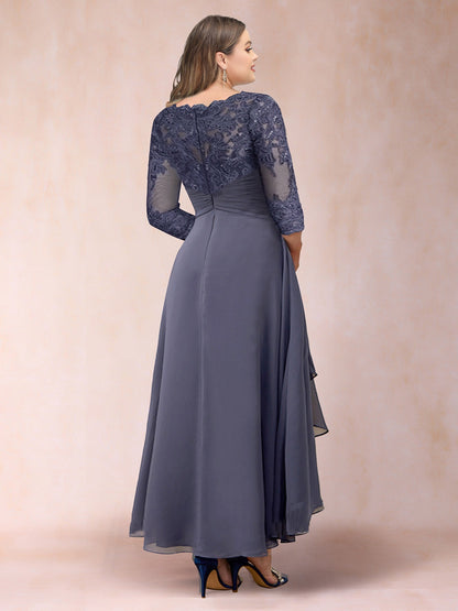 Robe de Mère de la Mariée Grande Taille, Coupe Trapèze/Princesse, Col Transparent, Manches 3/4 avec Perles