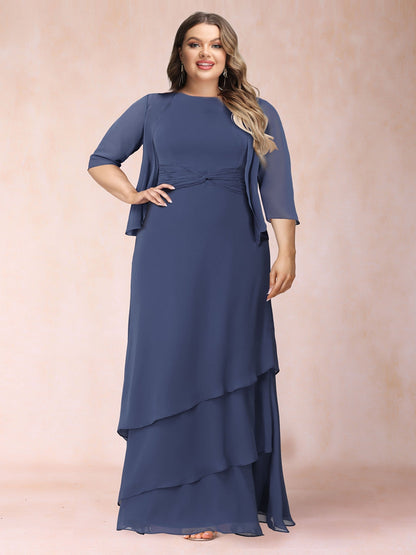 Robe de Mère de la Mariée Grande Taille, Coupe Trapèze/Princesse, Décolleté Plongeant, Froncée, Longueur au Sol avec Volants et Veste