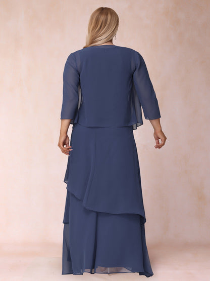 Robe de Mère de la Mariée Grande Taille, Coupe Trapèze/Princesse, Décolleté Plongeant, Froncée, Longueur au Sol avec Volants et Veste